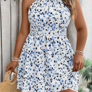 Blue and Navy Patterned Halter Dress